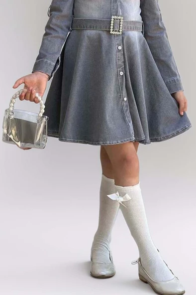 Kız Çocuk Omuzu ve Yakası Taş İşlemeli Gri Kot Elbise - Resim 3