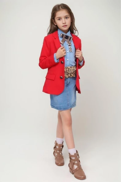 Kız Çocuk Leopar Desenli Fiyonk Detaylı Kot Gömlek Kırmızı Blazer Ceket Etekli Takım