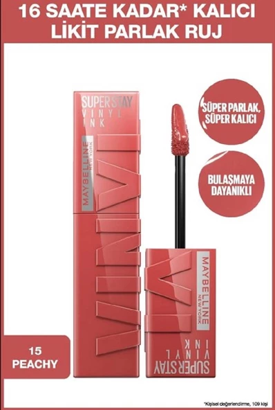 Maybelline Superstay Ruj Vinyl İnk Kalıcı Likit Parlak - 15 Peachy - Resim 2