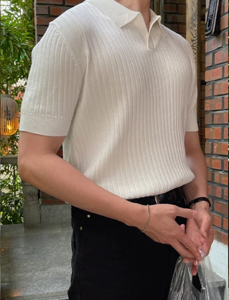 Beyaz Erkek Fitilli Polo Yaka Triko T-Shirt - 3