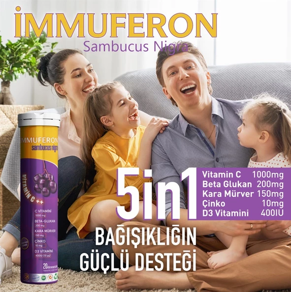 İmmuferon Beta Glucan 200mg, Vitamin C 1000mg, D3, Çinko, Karamürver 20 Efervesan - Resim 6