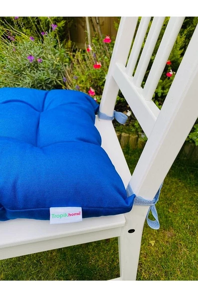 Mavi Renk Pamuklu Kumaş Pofidik Kare Dekoratif Sandalye Minderi 35x35 Cm, Bağcıklı Sandalye Minderi - 2