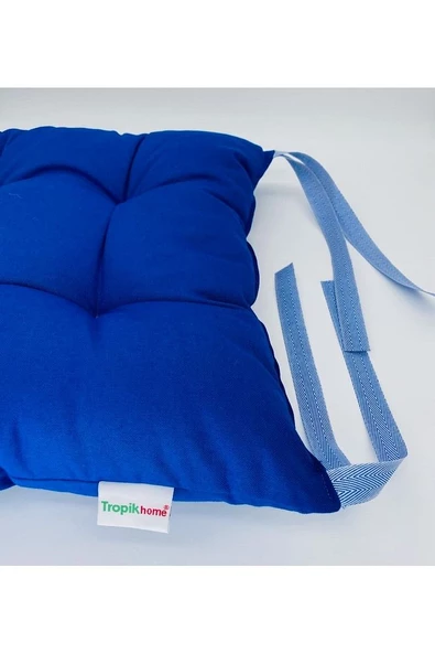 Mavi Renk Pamuklu Kumaş Pofidik Kare Dekoratif Sandalye Minderi 35x35 Cm, Bağcıklı Sandalye Minderi - 3