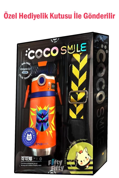 CocoSmile Özel Kutulu 500 ML Pipetli Çelik Termos -Boyun Askılı- 4 Farklı Robot Modeli  cs0001 - 12