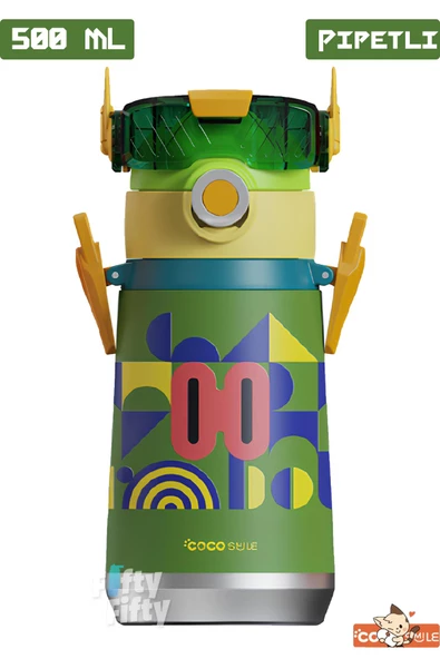 CocoSmile Özel Kutulu 500 ML Pipetli Çelik Termos -Boyun Askılı- 4 Farklı Robot Modeli  cs0001 - 2