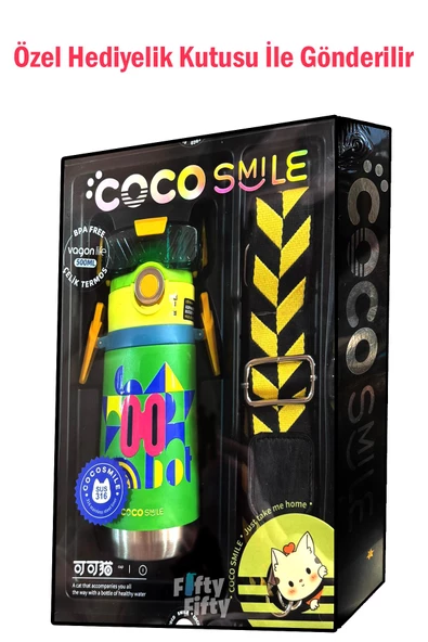 CocoSmile Özel Kutulu 500 ML Pipetli Çelik Termos -Boyun Askılı- 4 Farklı Robot Modeli  cs0001 - 3