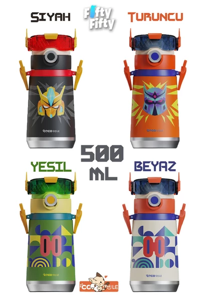 CocoSmile Özel Kutulu 500 ML Pipetli Çelik Termos -Boyun Askılı- 4 Farklı Robot Modeli  cs0001 - 4