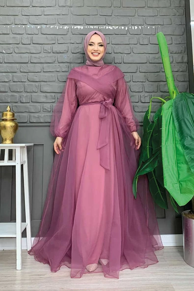 Omuz Şerit Detay Bel Bağlamalı Tül Abiye Elbise 3964 Lila