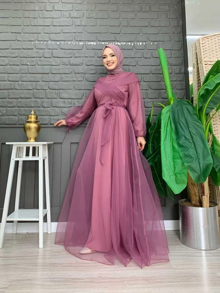 Omuz Şerit Detay Bel Bağlamalı Tül Abiye Elbise 3964 Lila - Resim 3