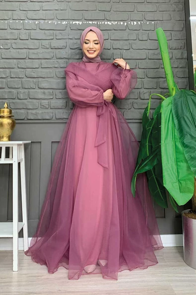 Omuz Şerit Detay Bel Bağlamalı Tül Abiye Elbise 3964 Lila - Resim 2