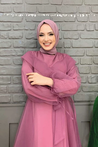 Omuz Şerit Detay Bel Bağlamalı Tül Abiye Elbise 3964 Lila - Resim 4