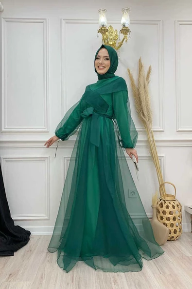Omuz Şerit Detay Bel Bağlamalı Tül Abiye Elbise 3964 Zümrüt - Resim 2