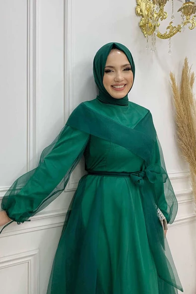 Omuz Şerit Detay Bel Bağlamalı Tül Abiye Elbise 3964 Zümrüt - Resim 4