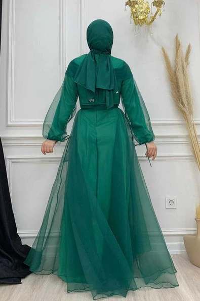 Omuz Şerit Detay Bel Bağlamalı Tül Abiye Elbise 3964 Zümrüt - Resim 3