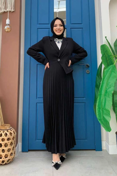 Ceket Görünümlü Eteği Piliseli Elbise 3700 Siyah