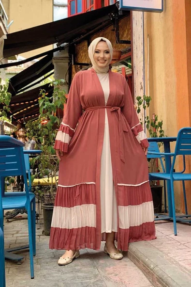 Kol ve Etek Ucu İki Renkli Bel Kuşaklı Piliseli Abaya 7454 Gül Kurusu