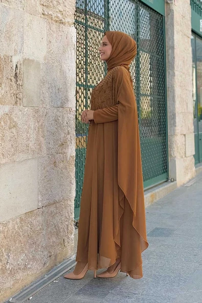 Taş İşlemeli Şifon Pelerinli Elbise Abiye Takım 3772 Taba - Resim 2