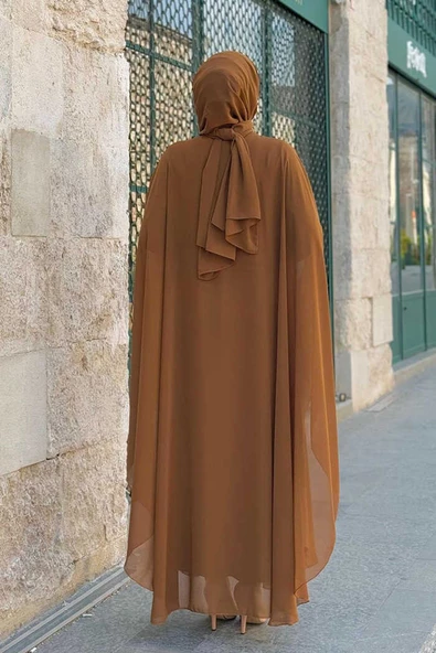 Taş İşlemeli Şifon Pelerinli Elbise Abiye Takım 3772 Taba - Resim 3