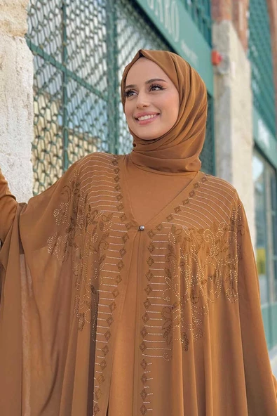 Taş İşlemeli Şifon Pelerinli Elbise Abiye Takım 3772 Taba - Resim 4