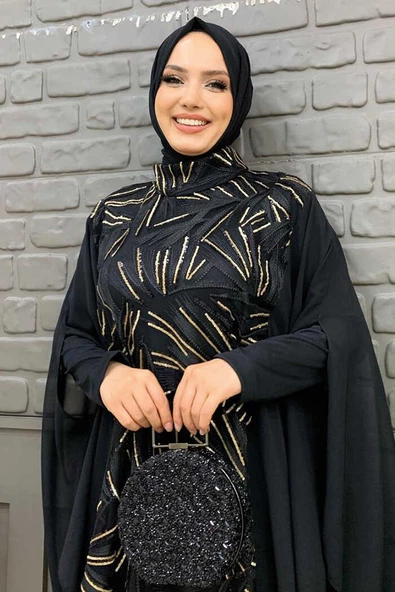 Şifon Pul Payet İşlemeli Pelerinli Elbise Abiye Takım 3775 Siyah - Resim 4