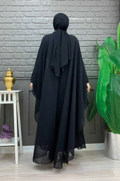 Şifon Pul Payet İşlemeli Pelerinli Elbise Abiye Takım 3775 Siyah - Resim 3