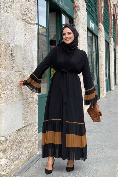 Kol ve Etek Ucu İki Renkli Bel Kuşaklı Piliseli Abaya 7454 Siyah-Taba