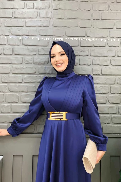 Göğüs Kısmı Kat Şerit Detay Bel Kemer Aksesuarlı Abiye Elbise 3792 Lacivert - 7