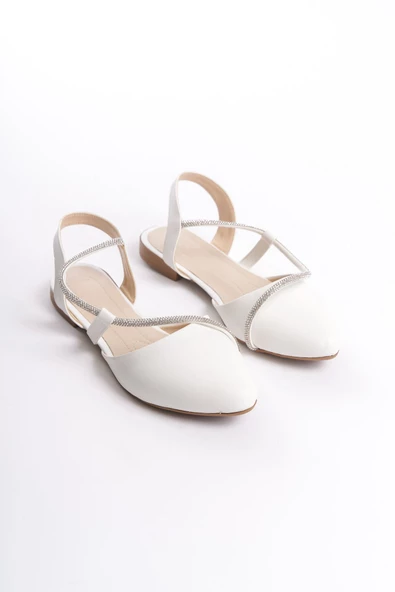 HANNAH Lastikli Ortopedik Rahat Taban Taş Detaylı Kadın Babet Ayakkabı KT Beyaz - 4