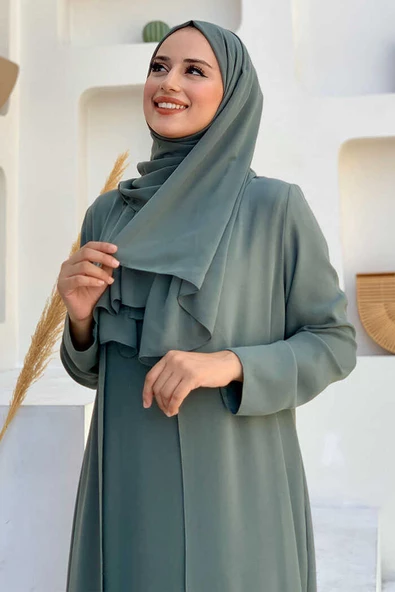 Etek Kısmı Desenli Elbiseli Abaya Takım 8495 Mint - Resim 4