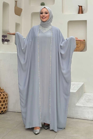 Taş İşleme Detay Elbiseli Pelerin Takım 8496 Gri ürün görseli