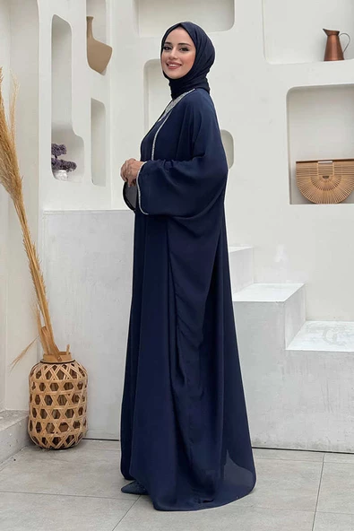 Taş İşleme Detay Elbiseli Pelerin Takım 8496 Lacivert - Resim 3