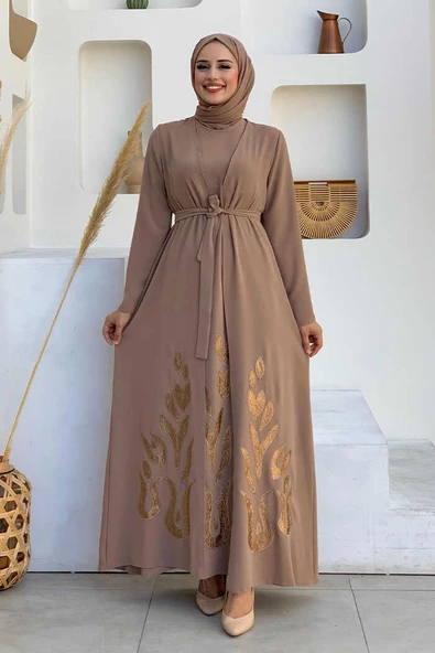 Etek Kısmı Desenli Elbiseli Abaya Takım 8495 Vizon
