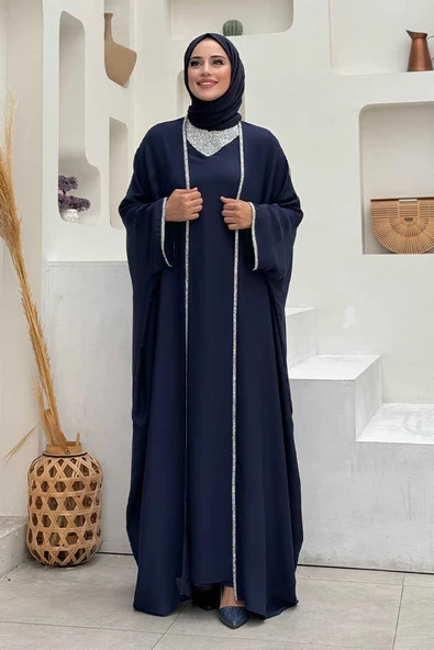 Taş İşleme Detay Elbiseli Pelerin Takım 8496 Lacivert ürün görseli