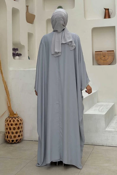 Taş İşleme Detay Elbiseli Pelerin Takım 8496 Gri - Resim 2