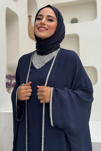 Taş İşleme Detay Elbiseli Pelerin Takım 8496 Lacivert - Resim 4