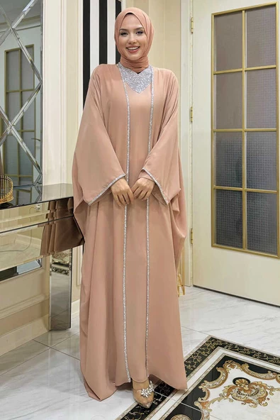 Taş İşleme Detay Elbiseli Pelerin Takım 8496 Vizon - 3