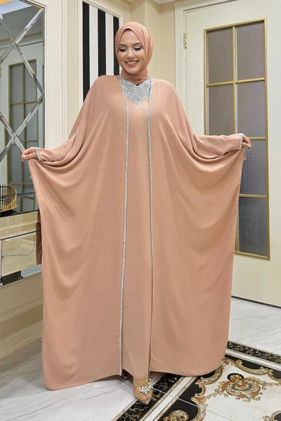 Taş İşleme Detay Elbiseli Pelerin Takım 8496 Vizon