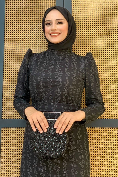 Çiçek Desenli Simli Tül Abiye Elbise 1108 Siyah - Resim 4