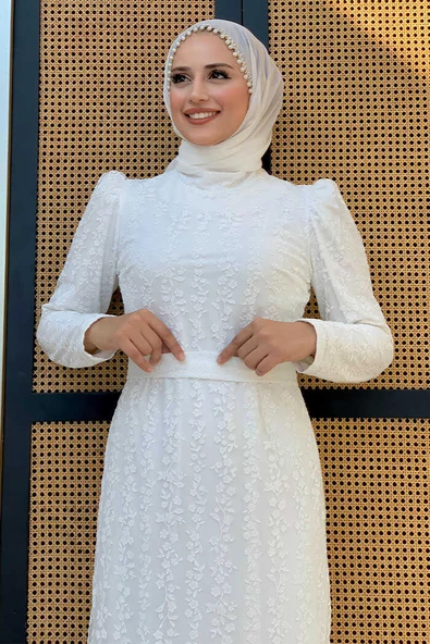 Çiçek Desenli Simli Tül Abiye Elbise 1108 Ekru - Resim 4