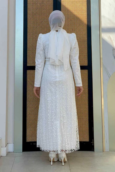 Çiçek Desenli Simli Tül Abiye Elbise 1108 Ekru - Resim 2