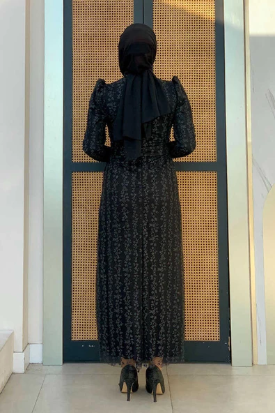 Çiçek Desenli Simli Tül Abiye Elbise 1108 Siyah - Resim 2