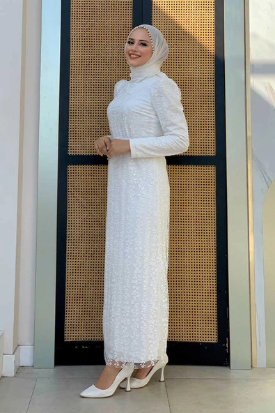 Çiçek Desenli Simli Tül Abiye Elbise 1108 Ekru - Resim 3