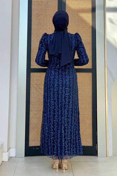 Çiçek Desenli Simli Tül Abiye Elbise 1108 Lacivert - Resim 2