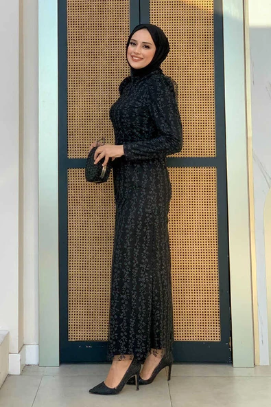 Çiçek Desenli Simli Tül Abiye Elbise 1108 Siyah - Resim 3