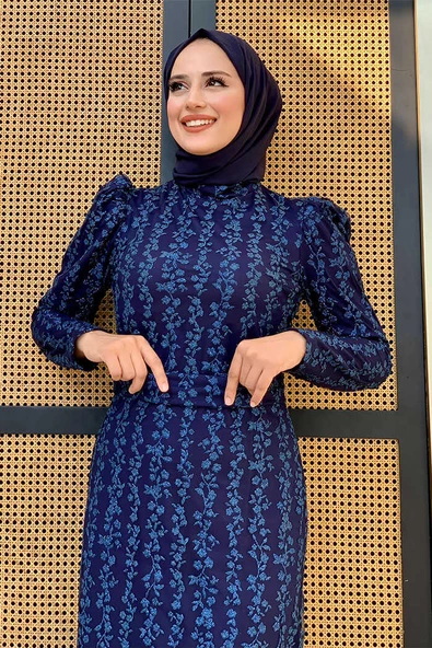Çiçek Desenli Simli Tül Abiye Elbise 1108 Lacivert - Resim 4