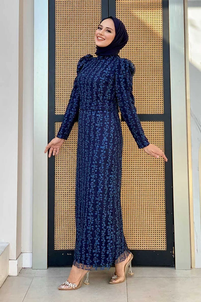 Çiçek Desenli Simli Tül Abiye Elbise 1108 Lacivert - Resim 3