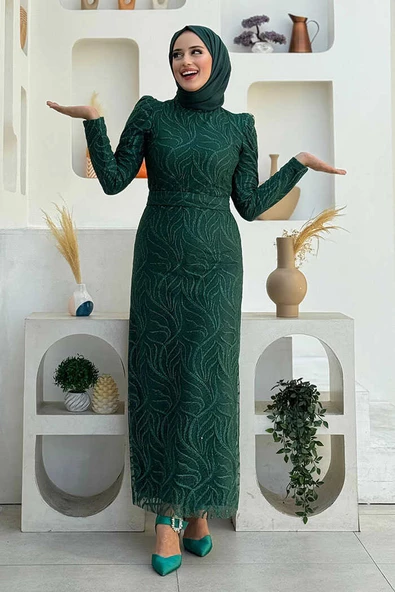Dal Desenli Simli Tül Abiye Elbise 1140 Zümrüt