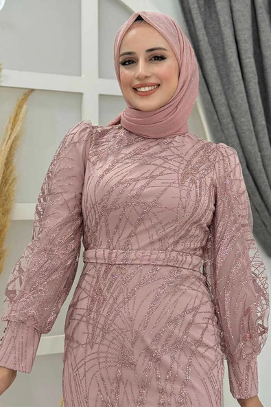 Desenli Bel Kemerli Balık Abiye Elbise 1139 Gül Kurusu - Resim 4