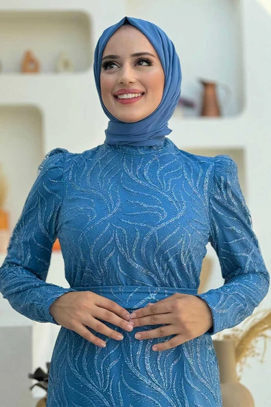 Dal Desenli Simli Tül Abiye Elbise 1140 İndigo - Resim 4