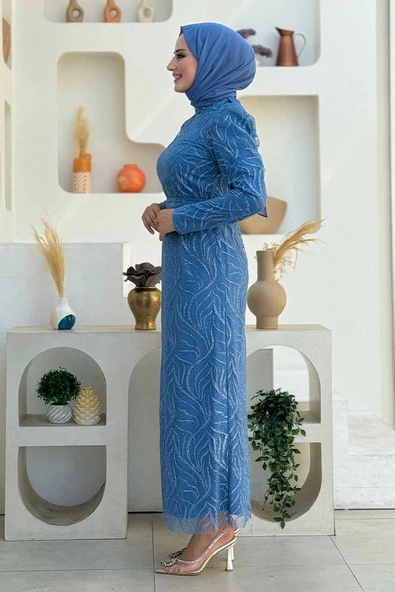 Dal Desenli Simli Tül Abiye Elbise 1140 İndigo - Resim 3